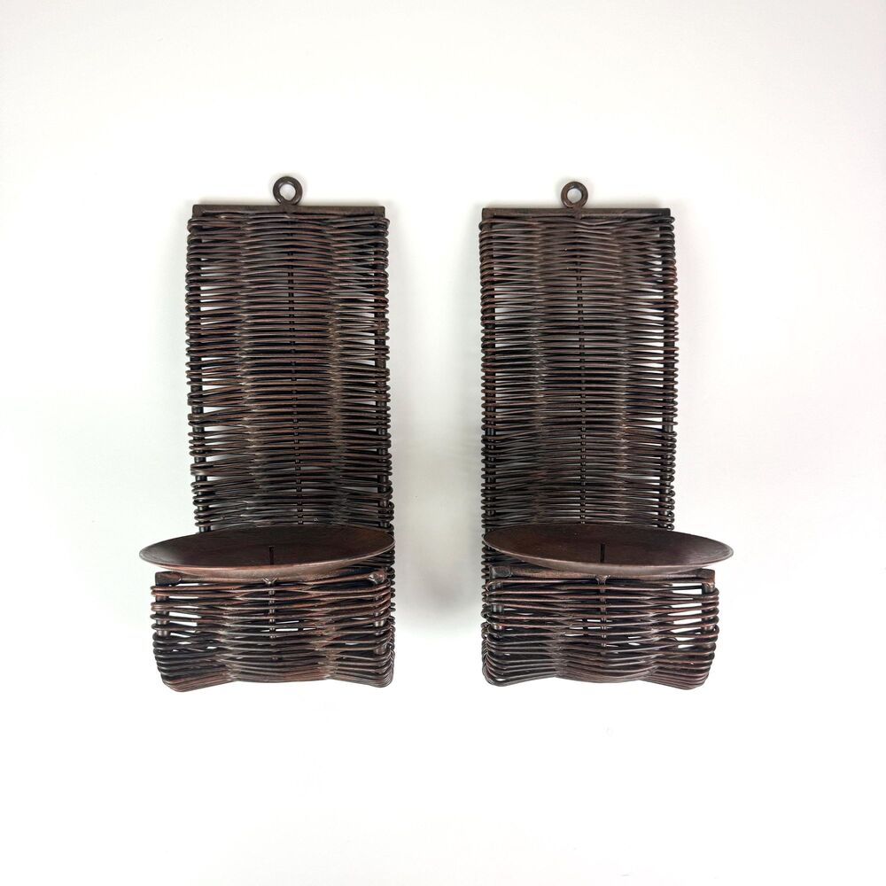 Vintage Pair of Woven Metal Candle Holder Wall Sconces / Rustic Brutalist Decor